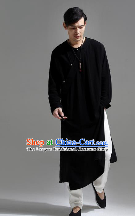 Chinese Traditional Costume Tang Suit Black Slant Opening Robe National Mandarin Overcoat for Men