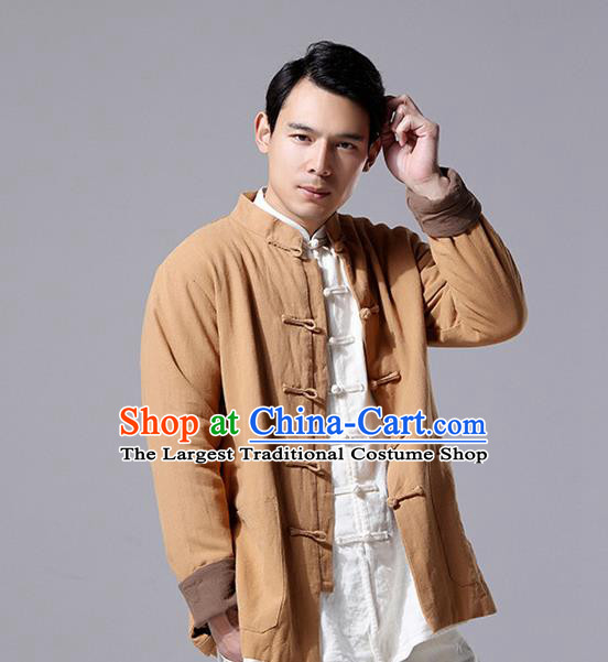 Chinese Traditional Costume Tang Suit Overcoat National Mandarin Khaki Jacket for Men