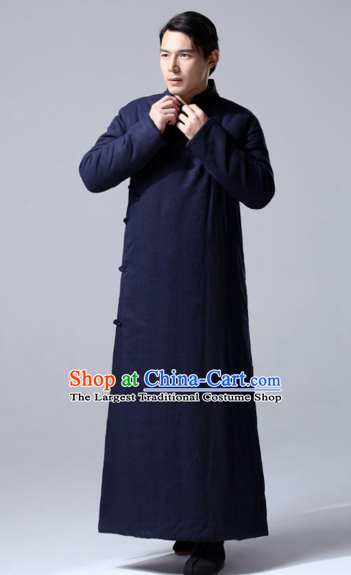 Chinese Traditional Costume Tang Suit Navy Cotton Wadded Robe National Mandarin Dust Coat for Men