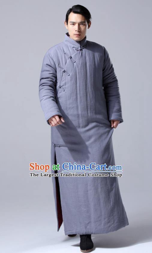 Chinese Traditional Costume Tang Suit Grey Cotton Wadded Robe National Mandarin Dust Coat for Men