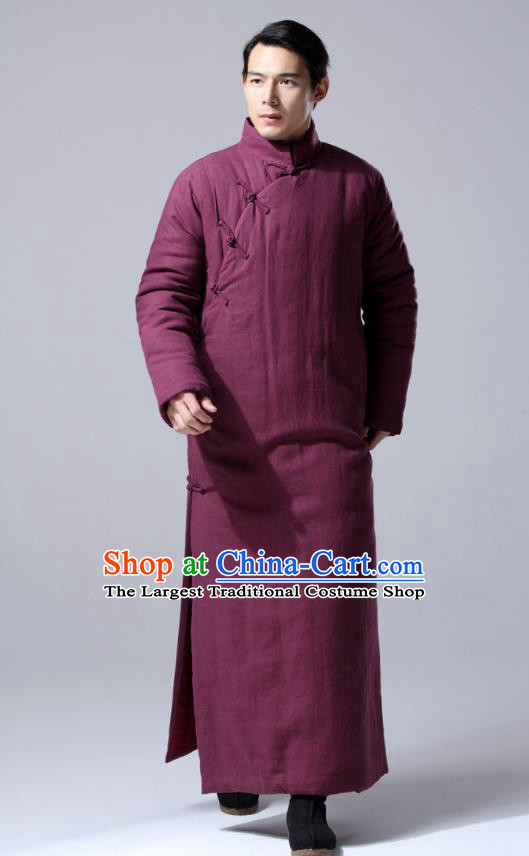 Chinese Traditional Costume Tang Suit Wine Red Cotton Wadded Robe National Mandarin Dust Coat for Men