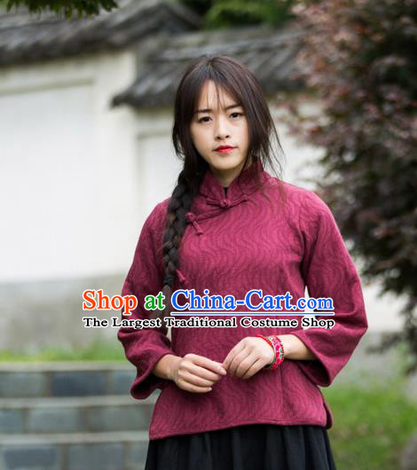 Chinese Traditional Costume Tang Suit Wine Red Shirts National Qipao Blouse for Women