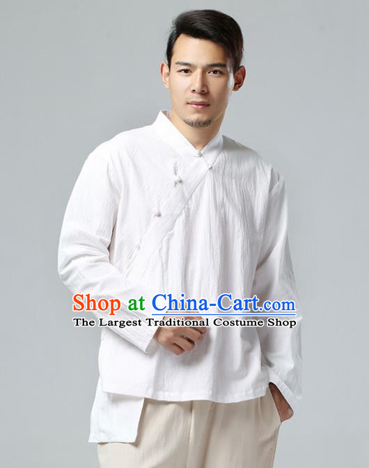 Chinese Traditional Costume Tang Suit White Shirt National Mandarin Upper Outer Garment for Men