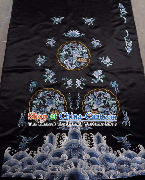 Chinese Traditional Handmade Embroidery Craft Embroidered Peony Cloth Patches Embroidering Black Silk Piece