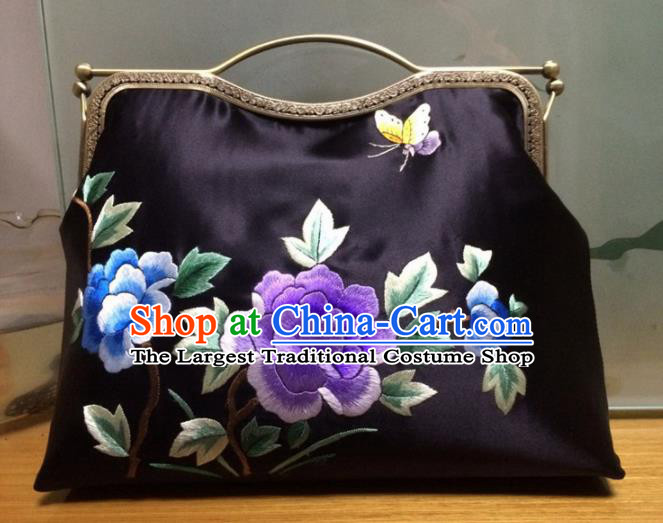 Chinese Traditional Embroidered Peony Black Handbag Handmade Embroidery Craft