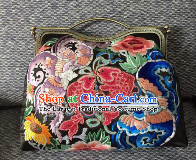 Chinese Traditional Embroidered Fishes Black Handbag Handmade Embroidery Craft Silk Bags