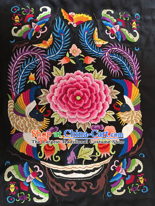 Asian Chinese Traditional Embroidered Peony Black Silk Patches Handmade Embroidery Craft