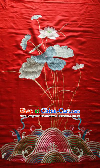 Asian Chinese Traditional Embroidered Lotus Red Silk Patches Handmade Embroidery Craft