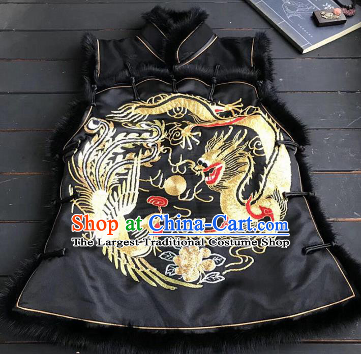 Chinese Traditional Costume Tang Suit Embroidered Dragon Phoenix Black Vest for Women