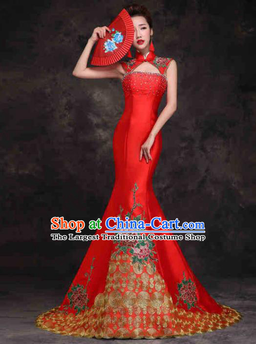 Chinese Traditional Costumes Elegant Embroidered Peony Red Cheongsam Full Dress for Women