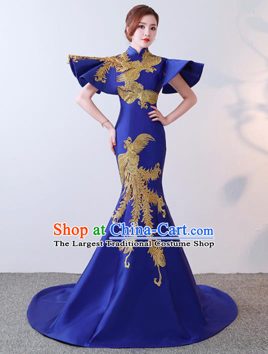 Chinese Traditional Costumes Elegant Royalblue Full Dress Wedding Trailing Qipao Dress for Women