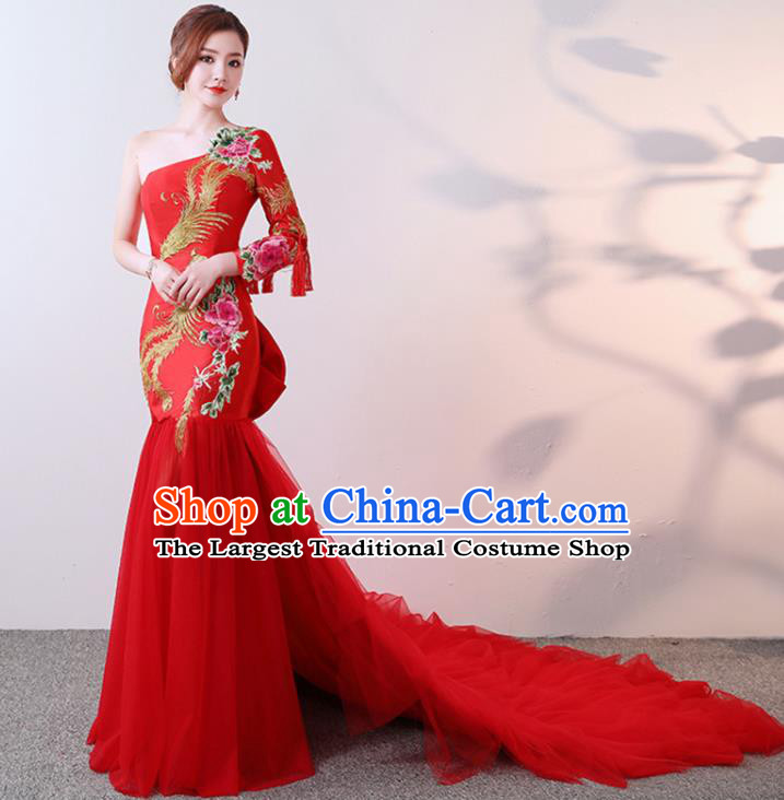 Chinese Traditional Costumes Elegant Embroidered Peony Full Dress Wedding Qipao Dress for Women