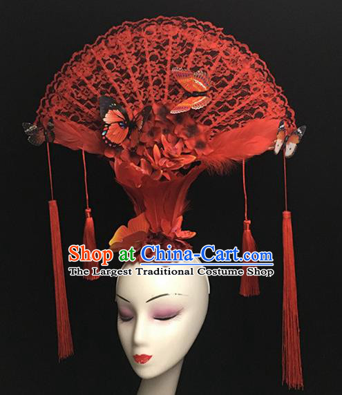 Top Halloween Hair Accessories Chinese Traditional Catwalks Red Lace Butterfly Headdress for Women