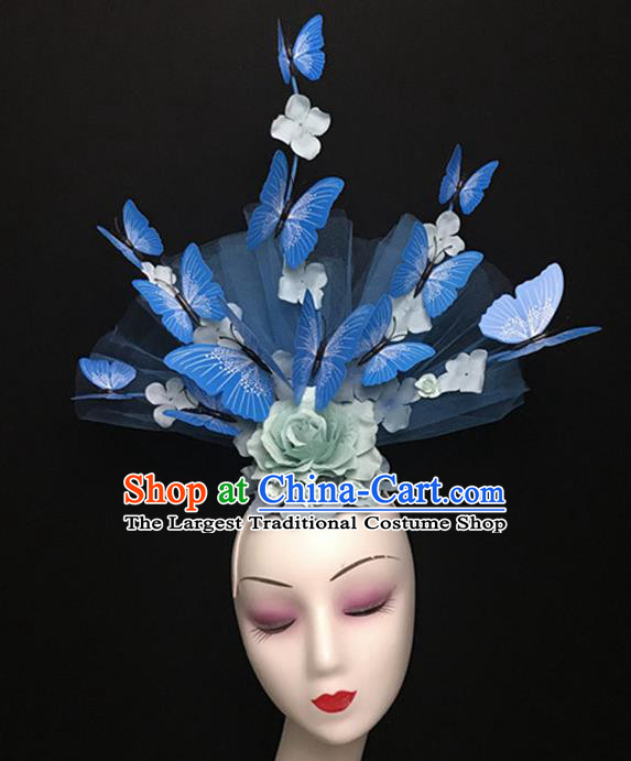 Top Halloween Catwalks Hair Accessories Stage Show Blue Butterfly Peony Headdress for Women