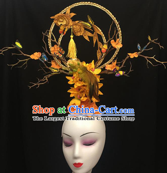 Top Halloween Giant Hair Accessories Chinese Traditional Catwalks Yellow Bird Headpiece for Women