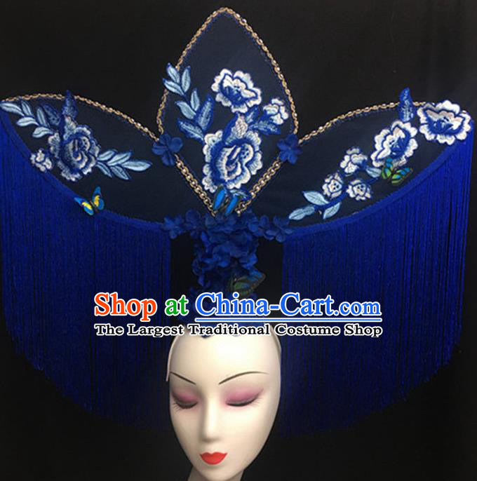 Top Halloween Stage Show Giant Hair Accessories Chinese Traditional Catwalks Blue Peony Tassel Headpiece for Women