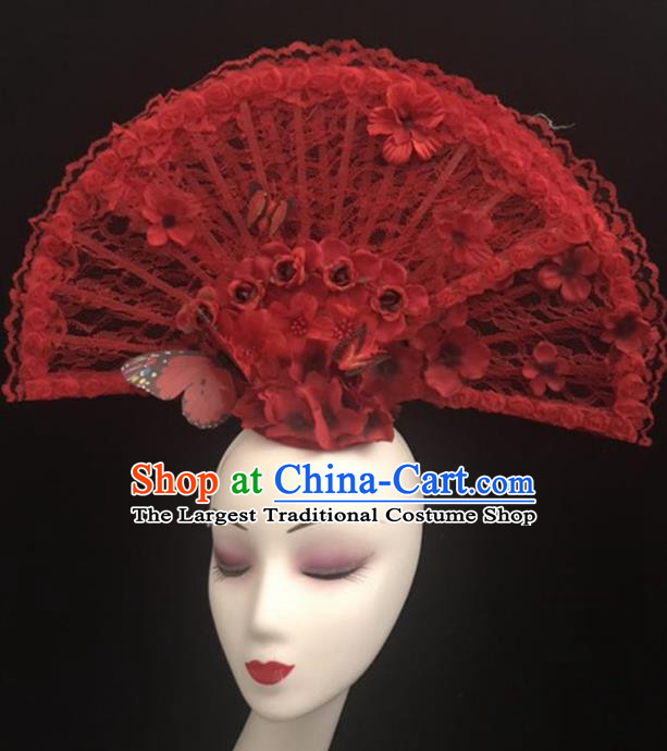 Top Halloween Hair Accessories Chinese Traditional Catwalks Red Lace Fan Headdress for Women