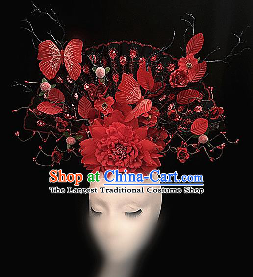 Top Halloween Red Butterfly Peony Giant Hair Accessories Stage Show Chinese Traditional Palace Catwalks Headpiece for Women