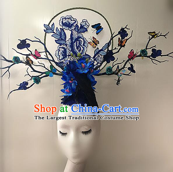 Top Halloween Blue Peony Giant Hair Accessories Stage Show Chinese Traditional Palace Catwalks Headpiece for Women