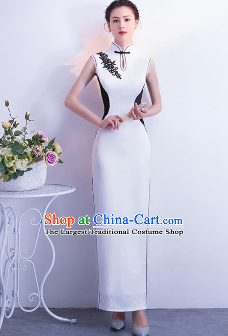 Chinese Traditional White Silk Cheongsam Qipao Dress Elegant Compere Full Dress for Women