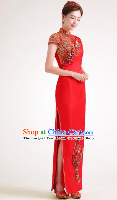 Chinese Traditional Red Cheongsam Elegant Qipao Dress Compere Full Dress for Women