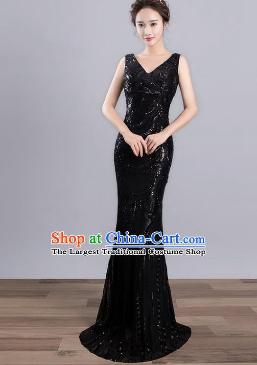 Top Grade Stage Performance Costumes Modern Dance Elegant Black Sequins Full Dress for Women