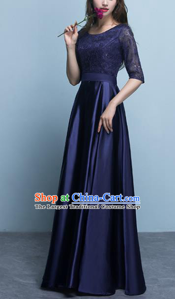 Top Grade Stage Performance Compere Deep Blue Formal Dress Chorus Elegant Lace Full Dress for Women