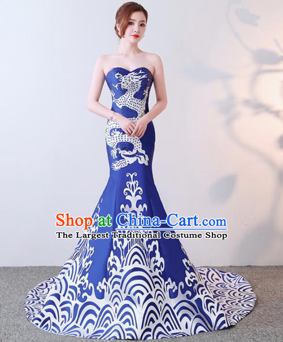 Chinese Traditional Trailing Qipao Dress Elegant Compere Blue Full Dress for Women