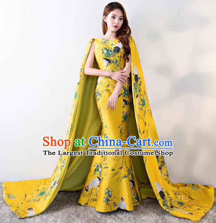 Chinese Traditional Trailing Yellow Mermaid Qipao Dress Elegant Compere Full Dress for Women