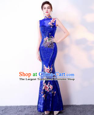 Chinese Traditional Royalblue Cheongsam Elegant Embroidered Qipao Dress Compere Full Dress for Women