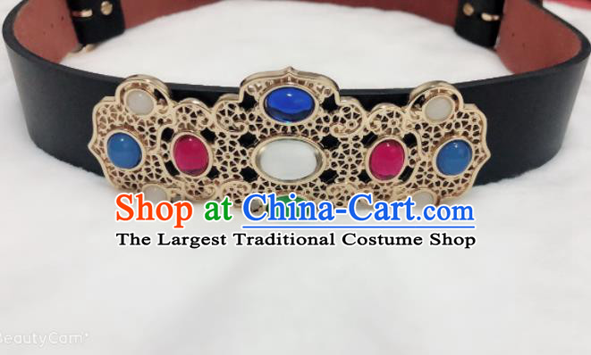 Chinese Traditional Hanfu Gem Belts Ancient Ming Dynasty Swordsman Leather Waistband for Men