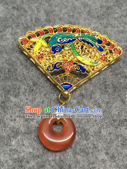 Chinese Traditional Hanfu Accessories Golden Fan Brooch Ancient Qing Dynasty Queen Breastpin for Women