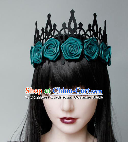 Top Grade Halloween Cosplay Gothic Green Roses Royal Crown Fancy Ball Handmade Hair Accessories for Women