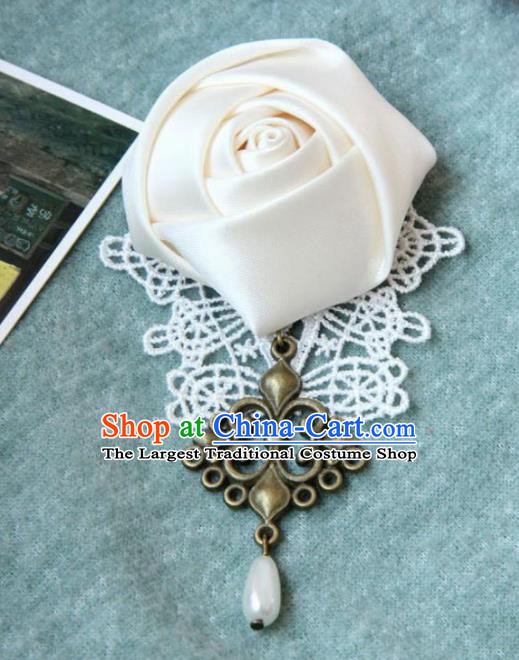 Handmade Gothic White Rose Brooch Accessories Halloween Fancy Ball Cosplay Breastpin for Women