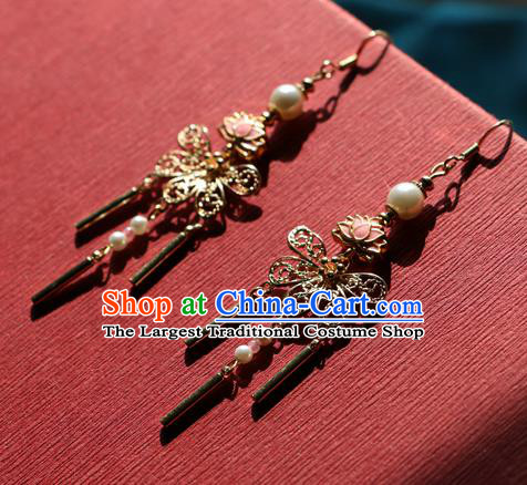 Chinese Traditional Hanfu Golden Butterfly Lotus Ear Accessories Ancient Qing Dynasty Princess Earrings for Women