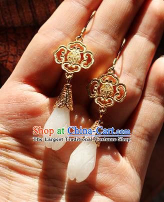 Chinese Traditional Hanfu Jade Magnolia Ear Accessories Ancient Qing Dynasty Princess Earrings for Women