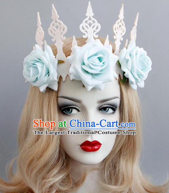 Handmade Halloween Cosplay Blue Roses Headwear Fancy Ball Stage Show Royal Crown for Women