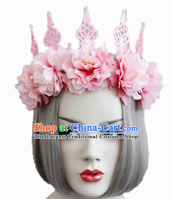 Halloween Handmade Cosplay Queen Pink Roses Royal Crown Fancy Ball Stage Show Headwear for Women