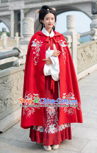 Traditional Chinese Ming Dynasty Court Princess Replica Costumes Ancient Red Hanfu Cape Complete Set for Women