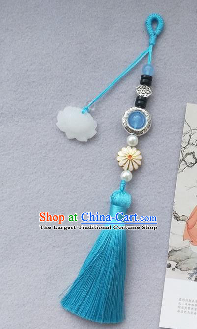 Chinese Traditional Hanfu Blue Tassel Lotus Brooch Pendant Ancient Cheongsam Breastpin Accessories for Women