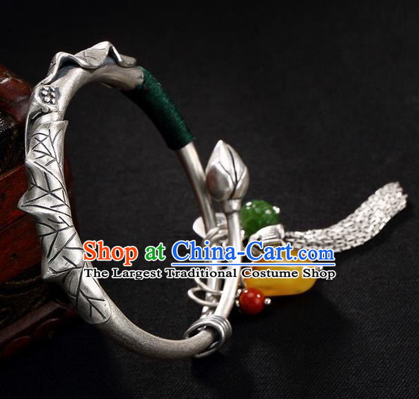 Chinese Traditional Hanfu Jewelry Accessories Carving Sliver Bracelet Ancient Qing Dynasty Princess Bangle for Women