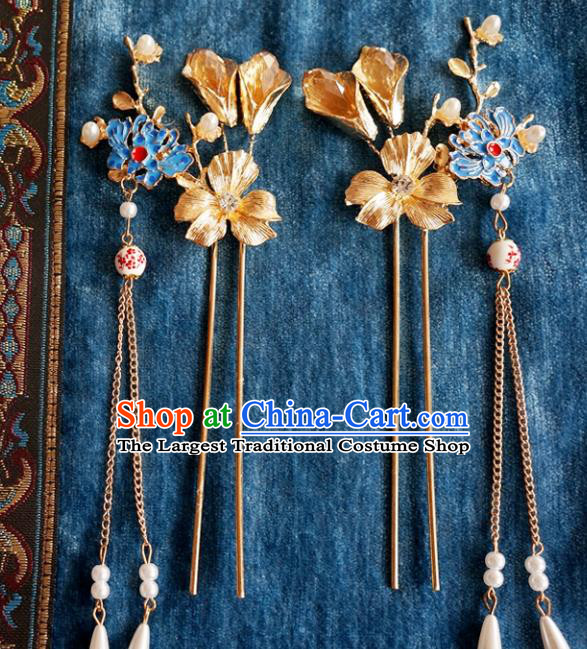 Chinese Ancient Ming Dynasty Princess Blueing Lotus Tassel Hairpins Traditional Hanfu Court Hair Accessories for Women