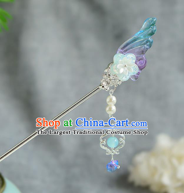 Chinese Ancient Ming Dynasty Princess Blue Wing Tassel Hairpins Traditional Hanfu Court Hair Accessories for Women