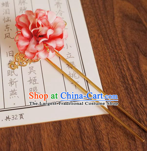 Chinese Ancient Princess Red Silk Flower Hairpins Traditional Hanfu Court Hair Accessories for Women