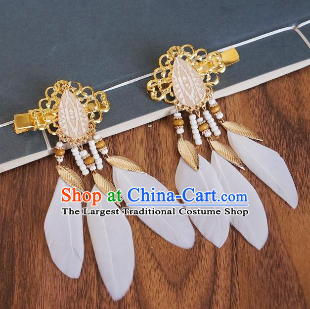 Chinese Ancient Princess White Feather Hair Claws Hairpins Traditional Hanfu Court Hair Accessories for Women