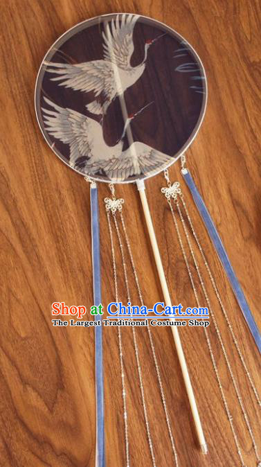 Chinese Traditional Hanfu Blue Ribbon Palace Fans Ancient Princess Silk Round Fan for Women