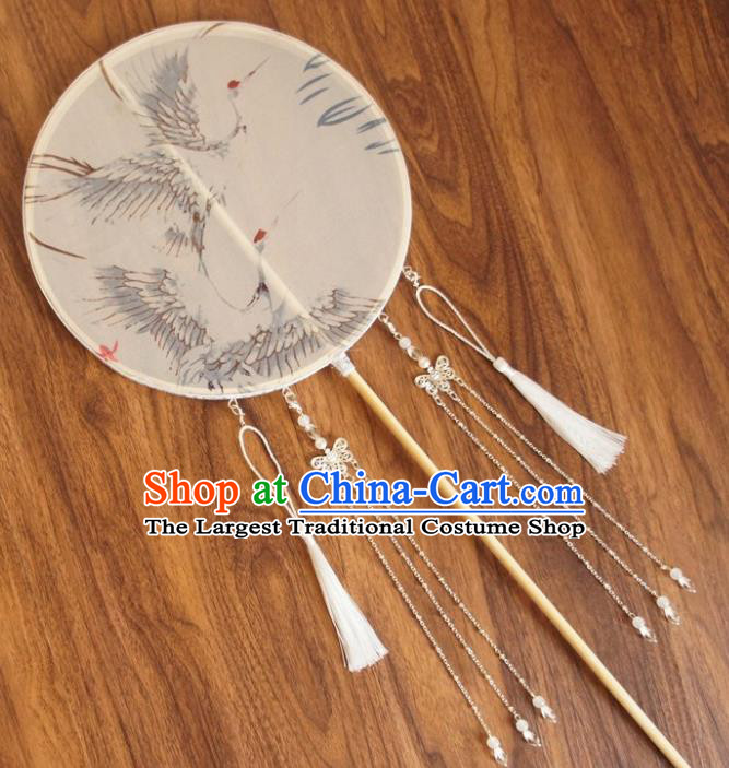 Chinese Traditional Hanfu White Tassel Palace Fans Ancient Princess Silk Round Fan for Women