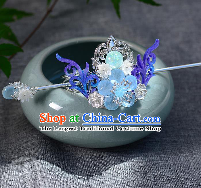 Chinese Ancient Tang Dynasty Palace Princess Blue Antler Hair Crown Hairpins Traditional Hanfu Court Hair Accessories for Women