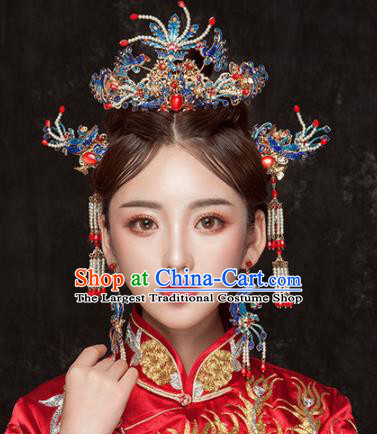 Chinese Ancient Qing Dynasty Cloisonne Phoenix Coronet Hairpins Traditional Hanfu Court Princess Hair Accessories for Women