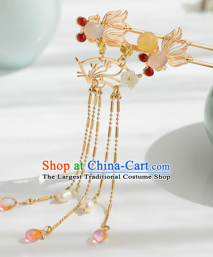 Chinese Ancient Tang Dynasty Princess Agate Goldfish Hairpins Traditional Hanfu Court Hair Accessories for Women